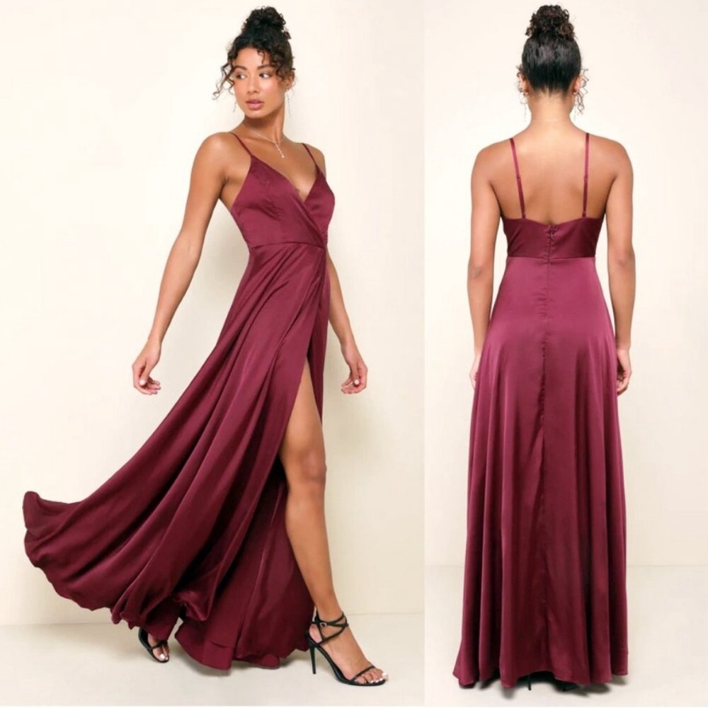 Lulu’s Ode To Love Faux Wrap Sleeveless Satin Maxi Dress Full Skirt Burgundy M